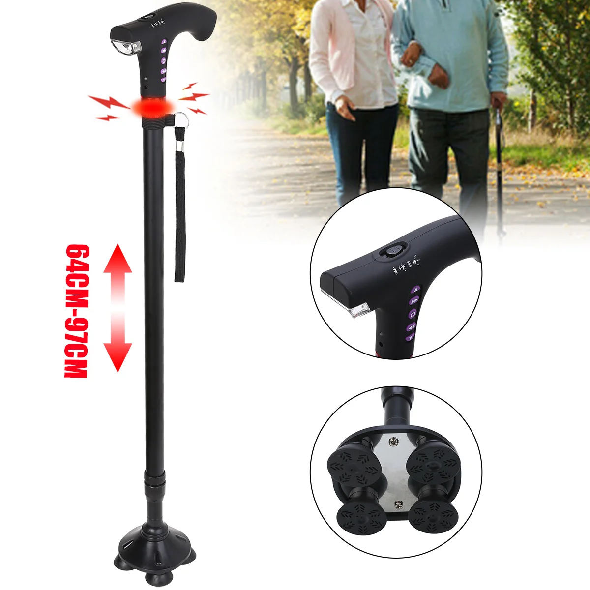 

New Adjustable FM Radio Walking Cane Lightweight LED Smart Safety Walking Stick Fall Alarm For Old Man T Handlebar Trekking Pole