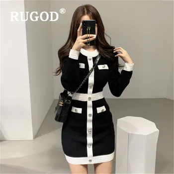 

RUGOD Autumn Winter New Style Chic Single-breasted Slim Fit Elegant Collect Waist Dress Ladies Fashion 2019 Kpop Clothes
