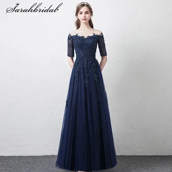 

Sweety Navy Blue A Line Bridal Party Dresses Women Evening Gown Bandage Lace Applique Abendkleider Empire Tulle Vestidos WT3140