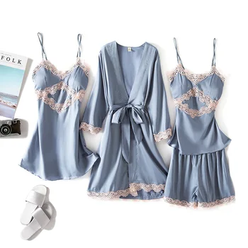 

4PCS Sexy Bride Bridesmaid Wedding Robe Satin Female Nighty&Robe Suit Strap Top&Pants Casual Intimate Lingerie Kimono Gown