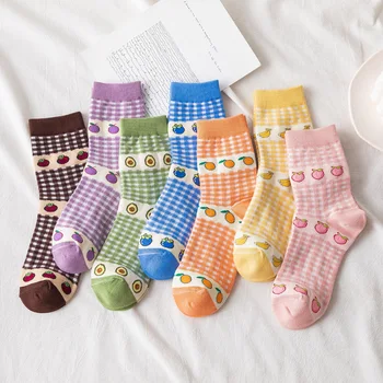 

Cutest Fruit Plaid Cotton Socks Women Breathable Cotton Comfy Hosiery Homewear Underwear