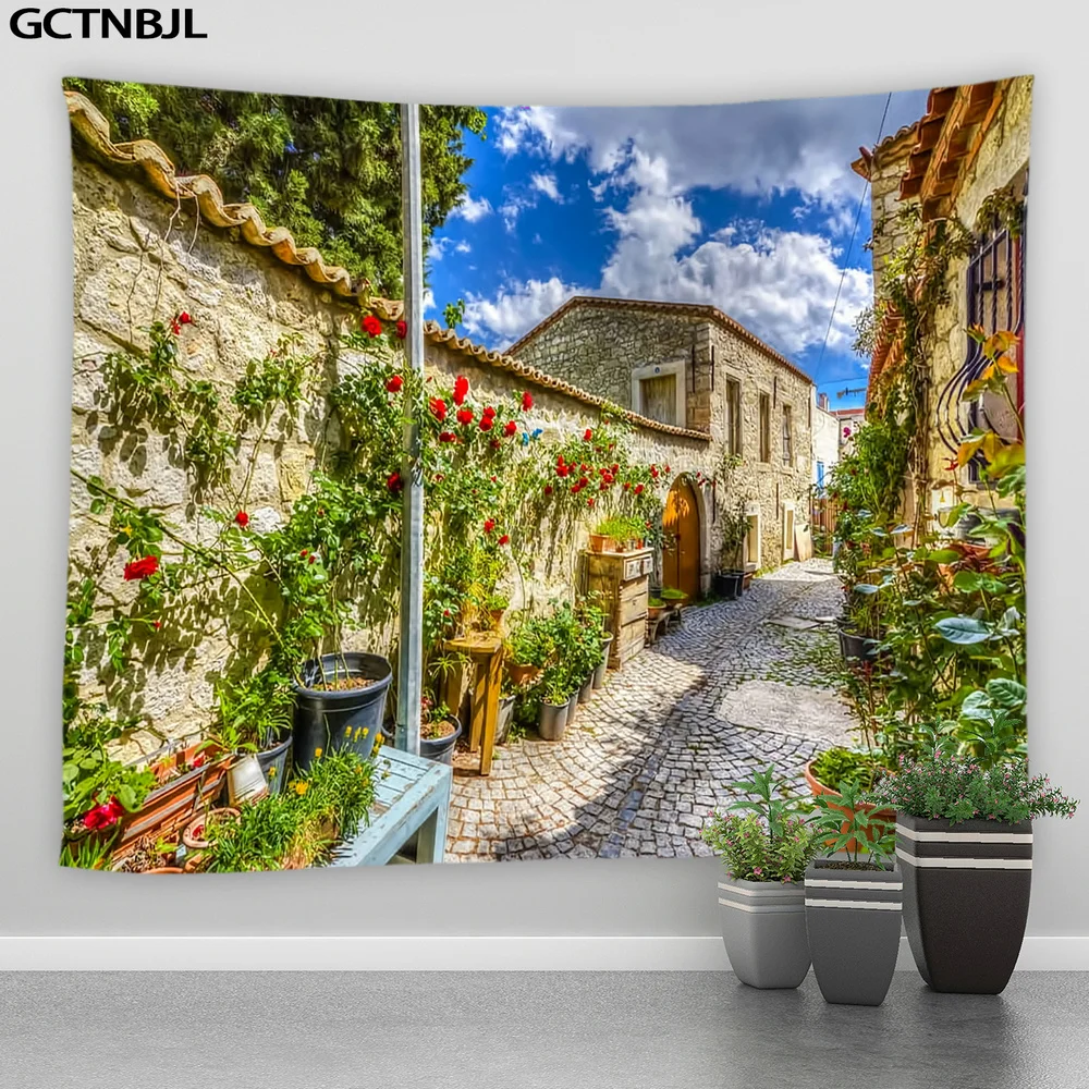 Landscape Print Large Tapestry Street Architecture Scenery Tapestries Bedroom Living Room Home Decor Hippie Wall Hanging Blanket tapestry decorations