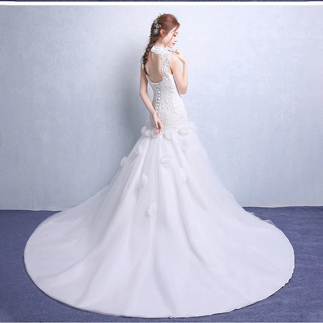 HLF60 2021 New Wedding Dress Slim Women Sexy Lace Long Sleeveless 3d Cut Out Floral Ball Gown Vestido De Noiva Curto 2