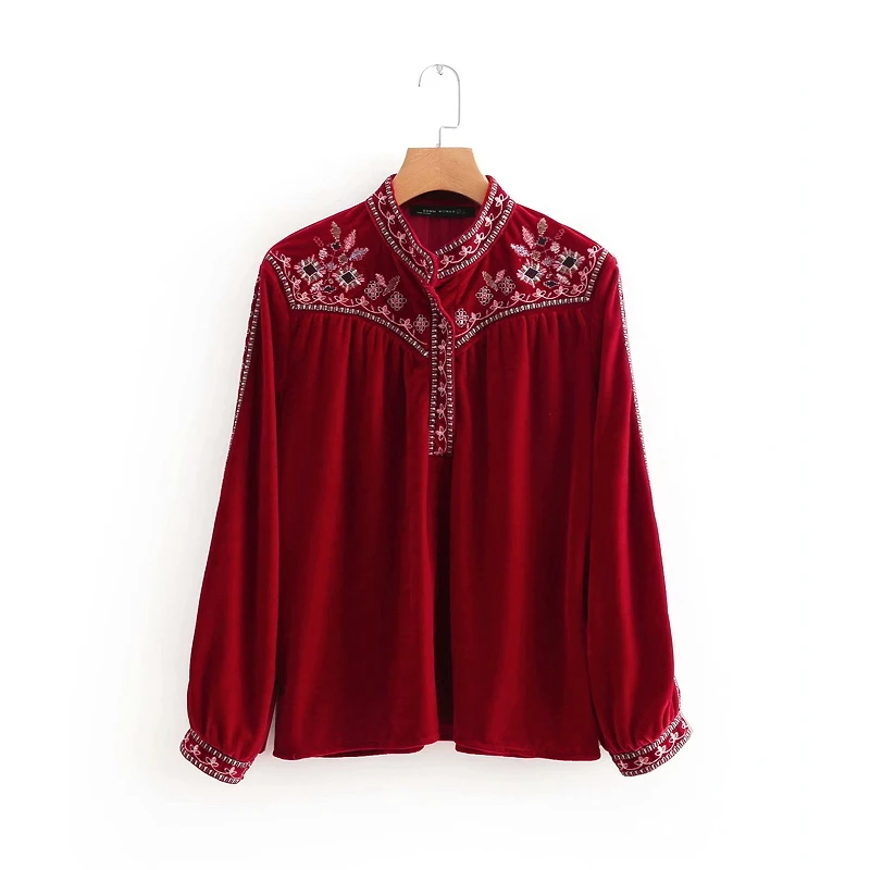 2018 blusa informal de terciopelo con cuello bordado vintage para mujer, Blusa plisada para mujer, blusas kimono, blusas femeninas LS2658 - AliExpress Ropa de mujer
