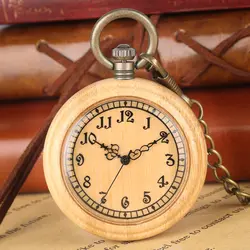 Классический бамбуковый бежевый корпус кварцевые карманные часы для мужчин арабские цифры Круглый циферблат прочный кулон цепь