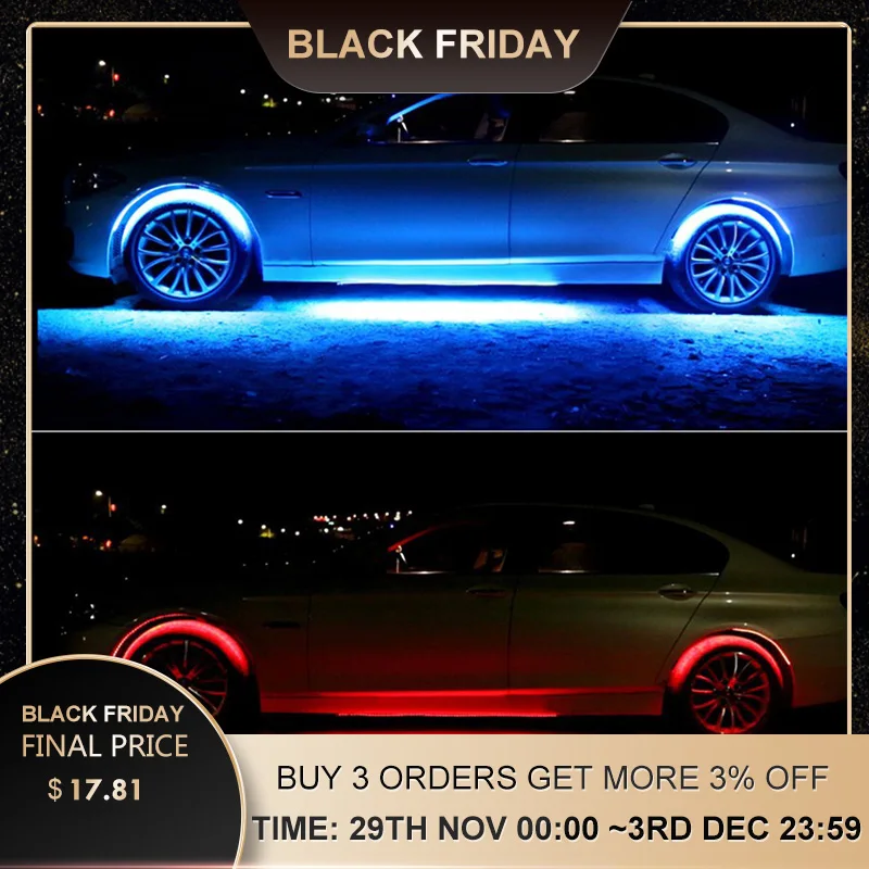 4x8 Colors Bright Auto LED Strip Neon LED Car Bottom Lights Underglow Underbody Music Active Sound System Neon Light Car Kit