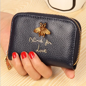 

luxurious fashion Genuine leather zipper card bag female short wallet organ card purse Bee style card holder leather purse