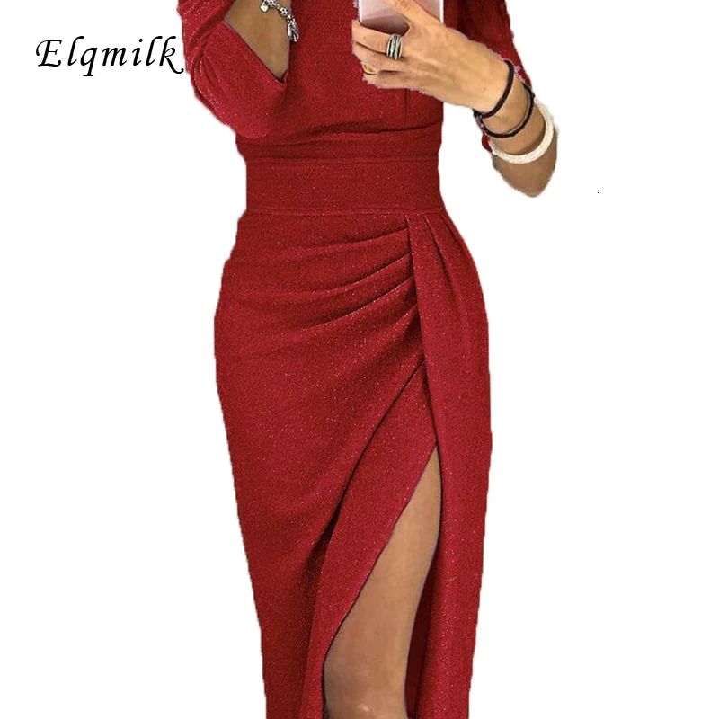 

ELQMILK Sexy Lady High Split Women Dresses Off Shoulder Slash Neck Slim Waist Package Hip Dresses Female Vestidos