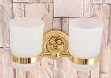 

Gold Color Brass Toothbrush Holder With Double Glass Cups Wall Mounted Bathroom Accessories aba598