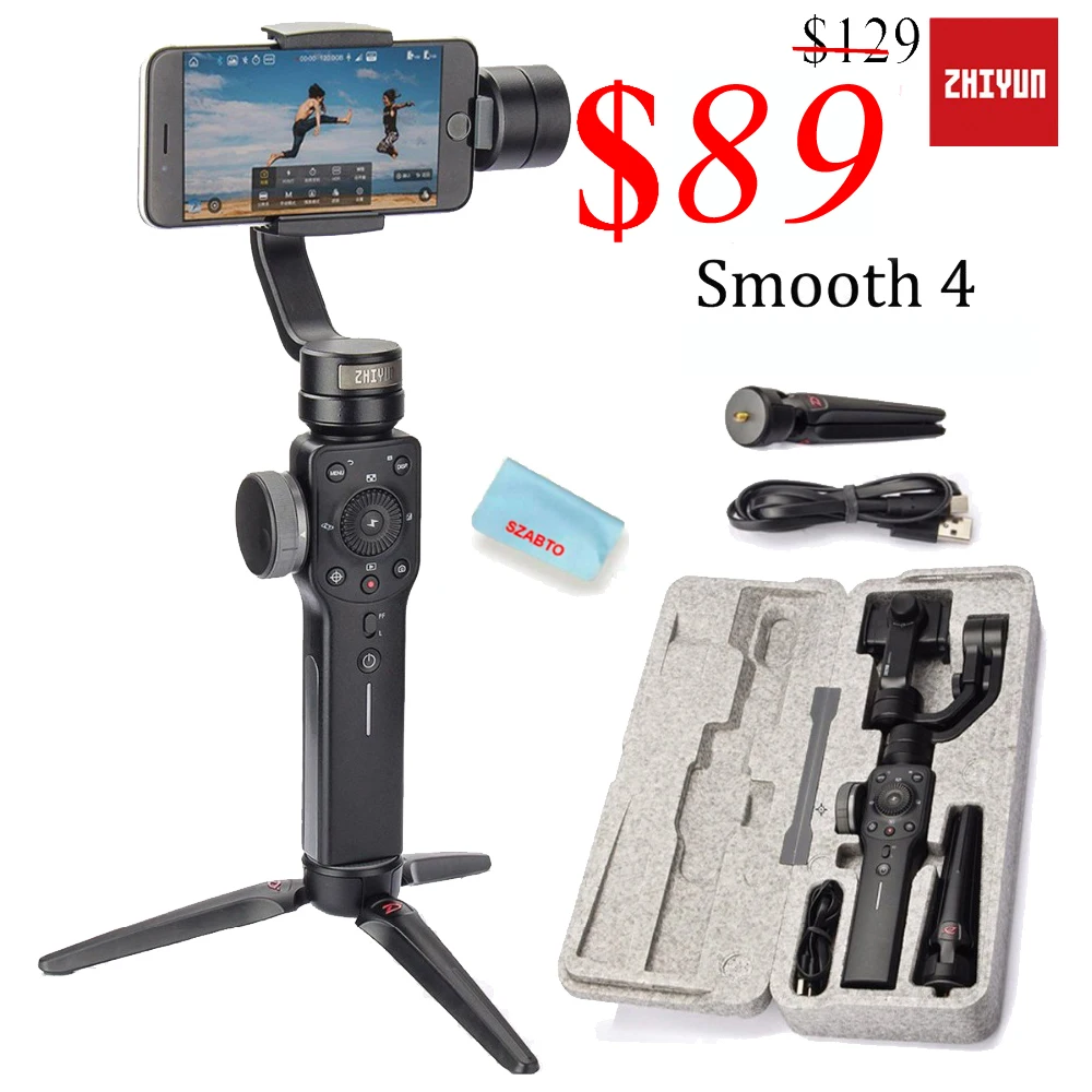 Профессиональный гиростабилизатор Zhiyun Smooth 4 для iPhone Android смартфона 3-осевой