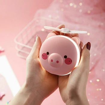 

Portable Cartoon Pig Makeup Mirror With LED Fill Light USB Charging Fan Makeup Pocket Handheld Summer Outdoor Night Light