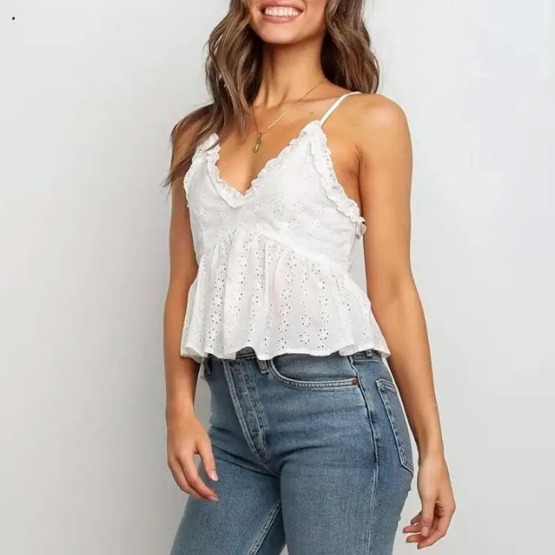 Fargeous женские белые бретельки на бретельках летние гофрированные безрукавки с открытой спиной Женские Модные топы с v-образным вырезом и вышивкой