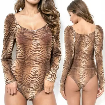 

Women Sexy V Neck Cotton Bodysuit Long Sleeve Autumn Clothing Wear Slim Short Knitted Bodycon Bandage Jumpsuit Tiger pattern