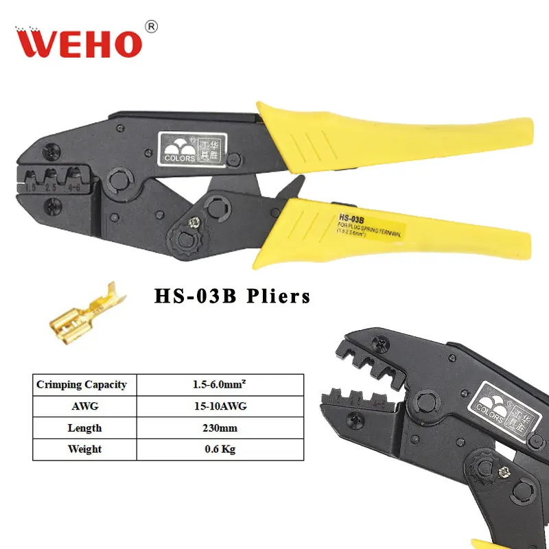 

HS-03B wire crimping pliers capacity 1.5-6mm2 15-10AWG for non-insulated tabs and receptacles self-adjusting hand tools set