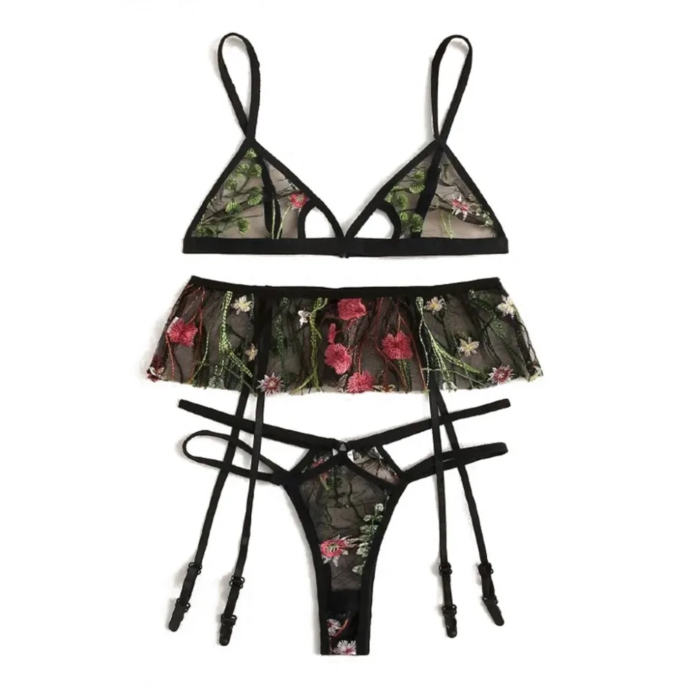 Женский комплект нижнего белья, сексуальный кружевной комплект с бюстгальтером размера плюс, вышитый бюстгальтер+ стринги+ подвязки, комплект нижнего белья, нижнее белье,#2O24