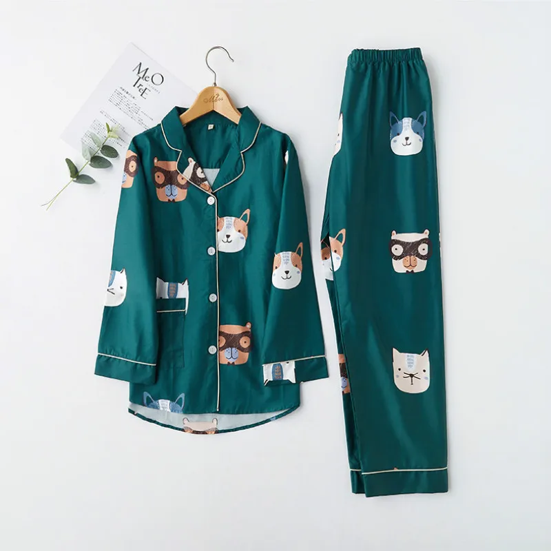 Весенне-осенняя Хлопковая пижама с длинными рукавами для женщин с рисунком зеленого кота и собаки, одежда для сна, домашняя одежда - Цвет: Photo Color