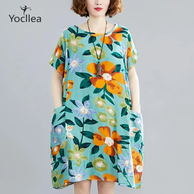 

Summer short sleeve O-neck dress Women's oversized A-line Dress Slim floral Print causal dresses