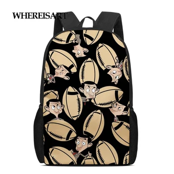 

WHEREISART Cartoon Mr.Bean&football Prints Boys Girls 16 Inch Schoolbags Students Soft Daily Black Bookbag Casual Bags Mochila