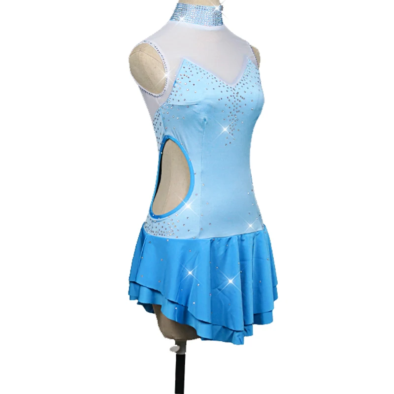 Платье для катания на коньках для женщин и девочек, платье для катания на коньках небесно-голубого цвета, эластичная ткань, стразы, одежда для гимнастики BL2841