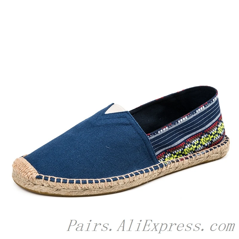 Blue Ethnic Женские Дышащие Туфли-лоферы на плоской подошве; сезон весна-осень; льняная обувь в рыбацком стиле; парусиновая обувь для вождения без застежки; эспадрильи в полоску унисекс - Цвет: Blue Ethnic