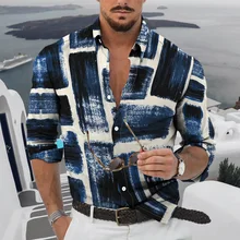 

2021 Fall Men's Long Shirt Single-breasted Button Lapel 3D Newest Daily Casual Fashion Young Stripes Squares Deformation Theme