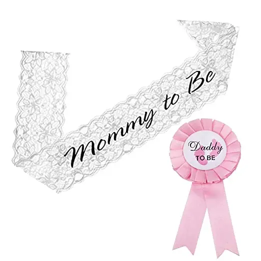 

Baby Shower Mommy to be White Lace Sash and Daddy to Be Light Pink Tinplate Badge Pin Kit Gender Reveals Party Gifts