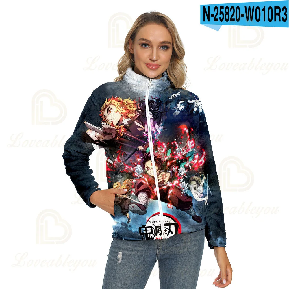 

Women Fleece Zipper Hoodies Sweatshirt Kimetsu No Yaiba:Mugen Ressha-Hen Anime Winter Warm Hooded Casual Jumper Jacket