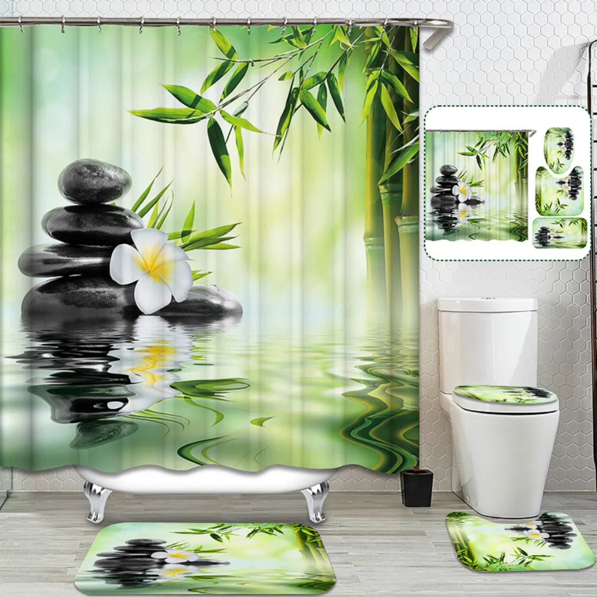 Landscape Print Waterproof Polyester Bathroom Shower Curtain With Free 12 Hooks