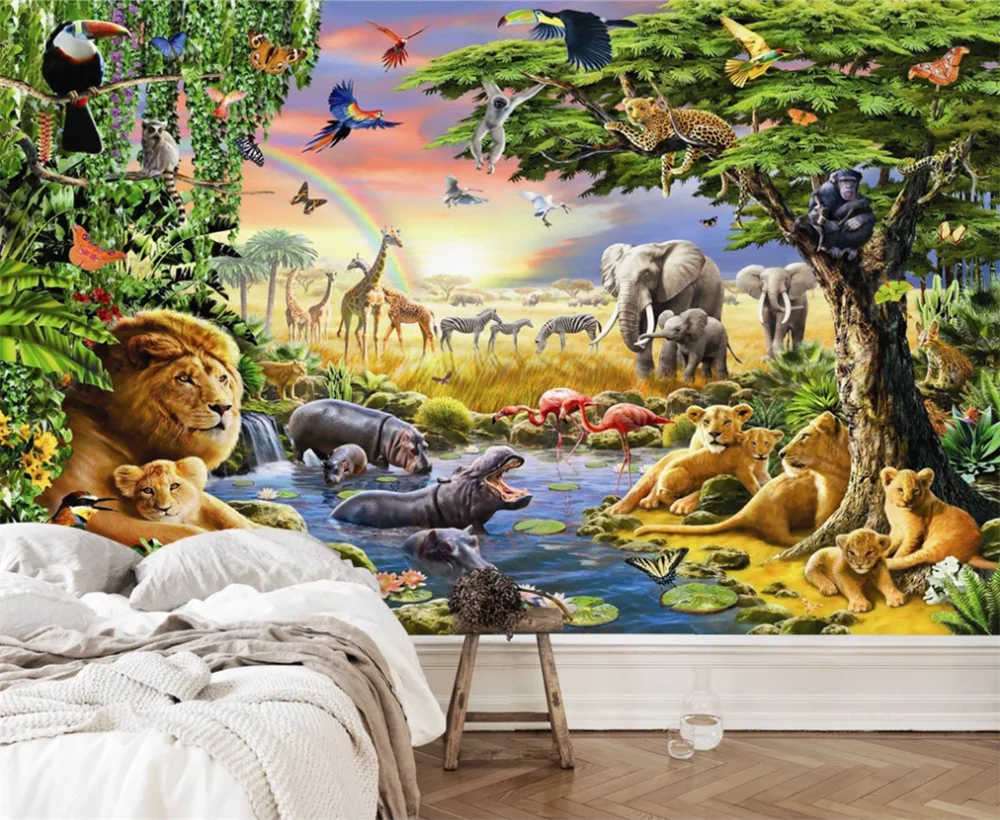 

xuesu Customized 3D Wallpaper Animal World Monkey Elephant Lion Hippo Children's Room Mural Bedroom Living Room Background Wall