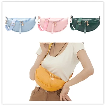 

AA Women Fashionable Alligator Grain Shoulder Bag Leather Semi-circular Zipper Messenger Bag Adjustable Solid Crossbody Bags