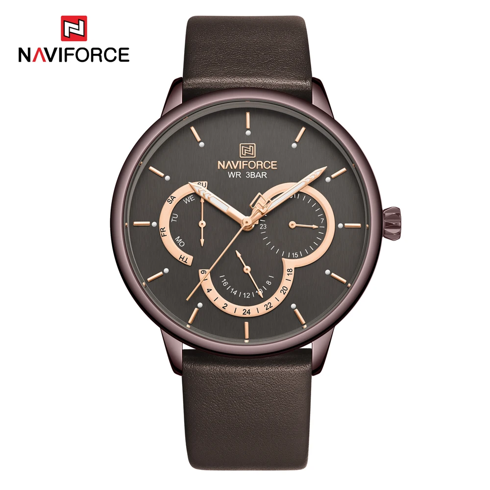 Coffee Часы с большим циферблатом, хронограф, кожаные часы для мужчин, NAVIFORCE, Новые повседневные Брендовые Часы для мужчин, светящиеся часы с календарем, кварцевые часы - Цвет: Coffee