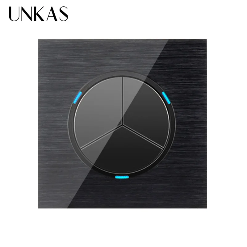 

UNKAS Luxury 3 Gang 1 Way Random Click On / Off Wall Light Switch With LED Indicator Black Aluminum Metal Panel