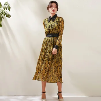 

2020 Spring WOMEN'S Wear Elegant Stripes Turn-down Collar Slim Fit Bow Bandage Cloth Dress