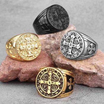 Saint Benedict Cspb Gold Black Cross Men Rings Punk Hip Hop for Boyfriend Male Stainless Steel Jewelry Creativity Gift Wholesale