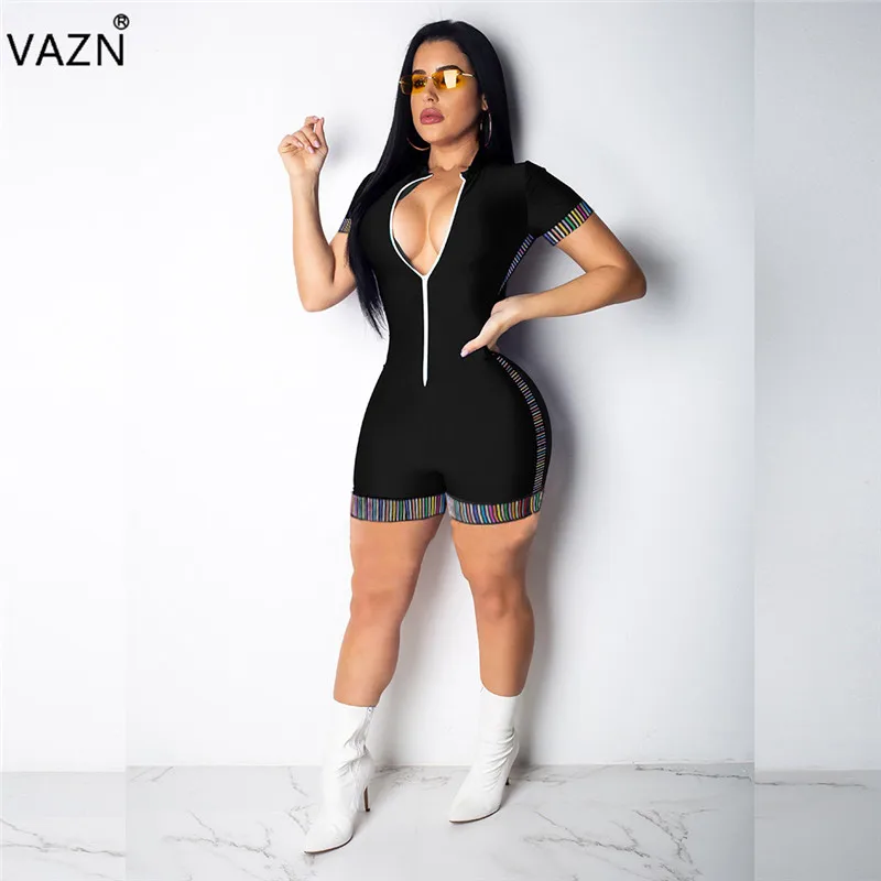 VAZN Лето новые женские повседневные модные удобные с короткими рукавами на молнии индивидуальные Комбинезоны Короткие брюки TH3326 - Цвет: Черный