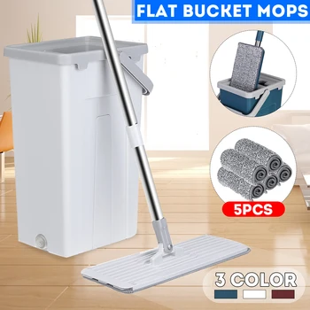 

Microfiber Lazy Flat Squeeze Mop Bucket with Replacement Pads 360° Rotation Handsfree Floor Cleaning Mop Wet/Dry Usage