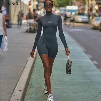 

Carly Nyla women skinny playsuit long sleeve turtleneck romper body reflective letter fitness overalls fashion short jumpsuit