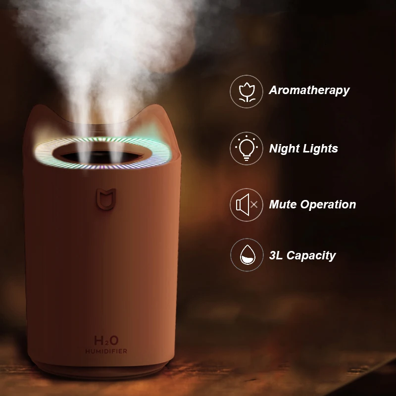 Large Capacity Humidifier 3L Aroma Diffuser Double Mist Aromatherapy Air Humidifier USB Mist Maker