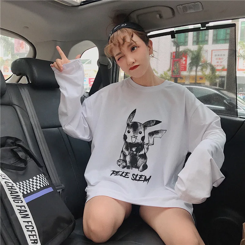 Harajuku женские футболки с принтом Покемон Повседневная Уличная Корейская одежда Kawaii Белая негабаритная Camisa Feminina с длинным рукавом