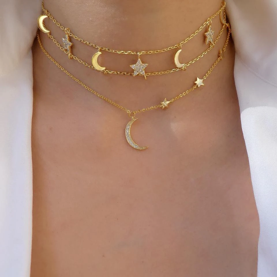 

Fashion jewelry Cute moon star double chain statement choker design women 3 colors trendy classic cz star necklace chocker