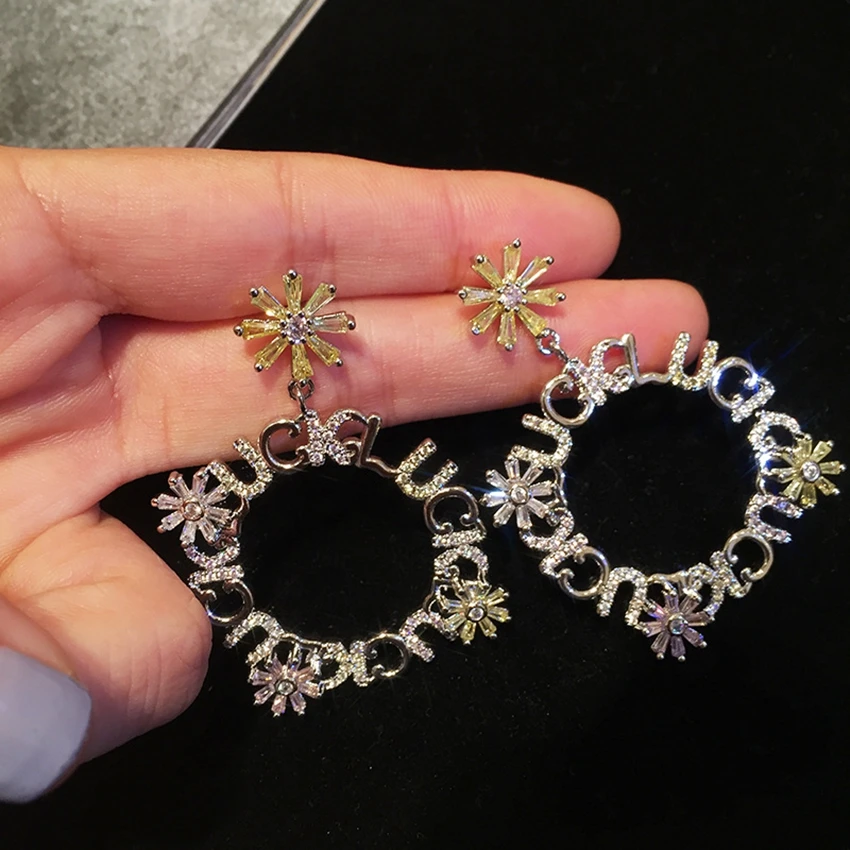 Letters Lucky Statement Earings Silver Color Square Geometric Dangle Drop Earrings for Women Crystal Luxury Wedding Earring