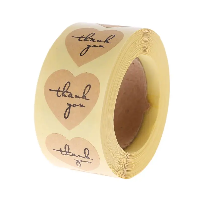 

500pcs/Roll 1" Inch Thank you Sticker Adhesive Labels Roll Heat-Shape Package Tags Natural Kraft Handmade Decorations