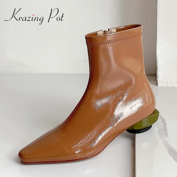 

krazing pot work boots high quality modern med strange heel small square toe zipper office lady dress daily wear ankle boots L60