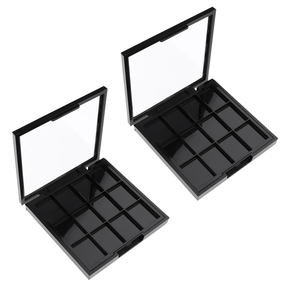2pcs 12 Slots Plastic Empty Eyeshadow Makeup Palette with Clear Top for Concealer Lipstick Blush Loose Powder (Black)