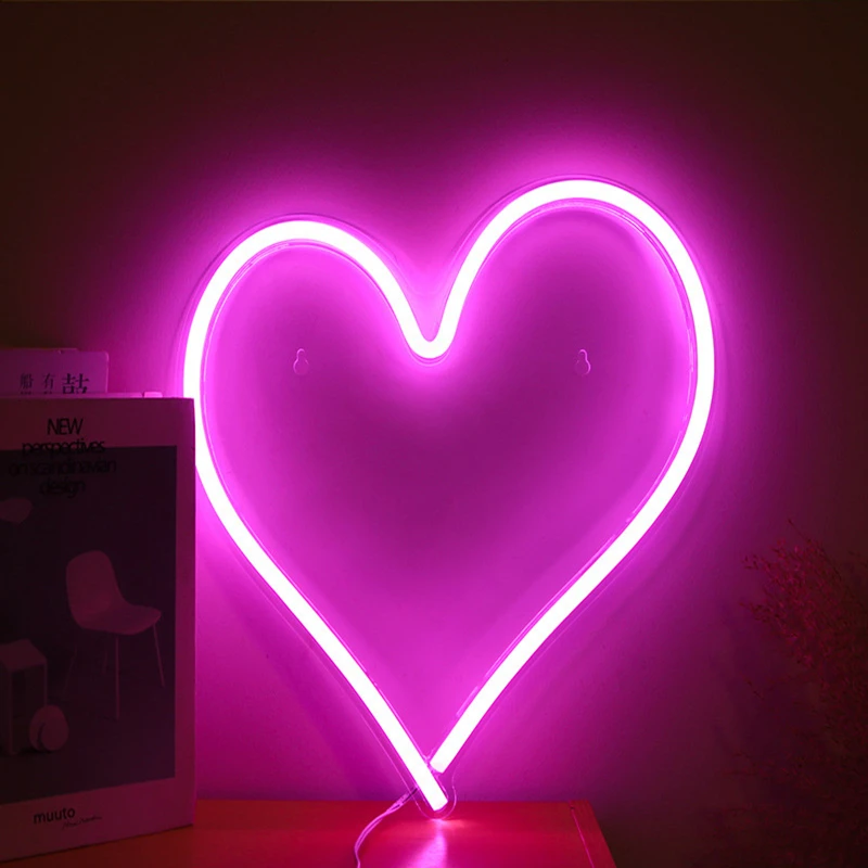 Blanco Cálido Rosa Forma Corazón Decorativo Luz Neon Letrero con Amor Palabra en el Medio,Romántico LED Lámpara Mesilla Recargable USB Mesita de Noche para Hogar San Valentín Festival Decoración 
