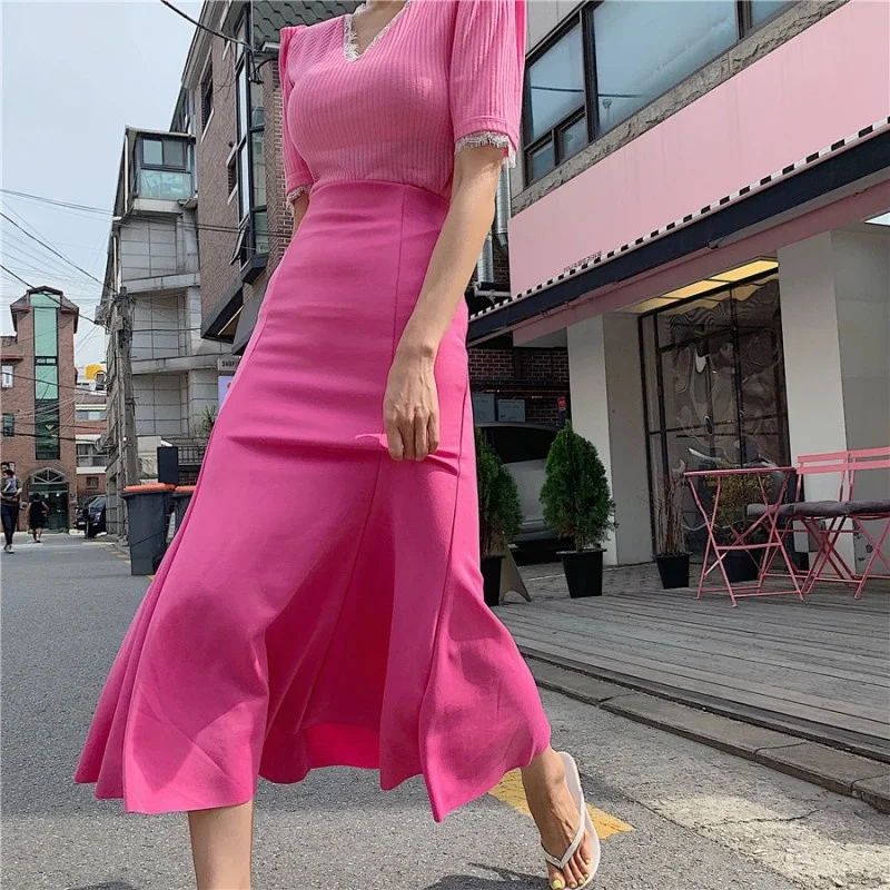 

Женская длинная юбка-годе, розовая облегающая юбка трапециевидной формы с завышенной талией, элегантная праздвечерние чная юбка для весны и лета
