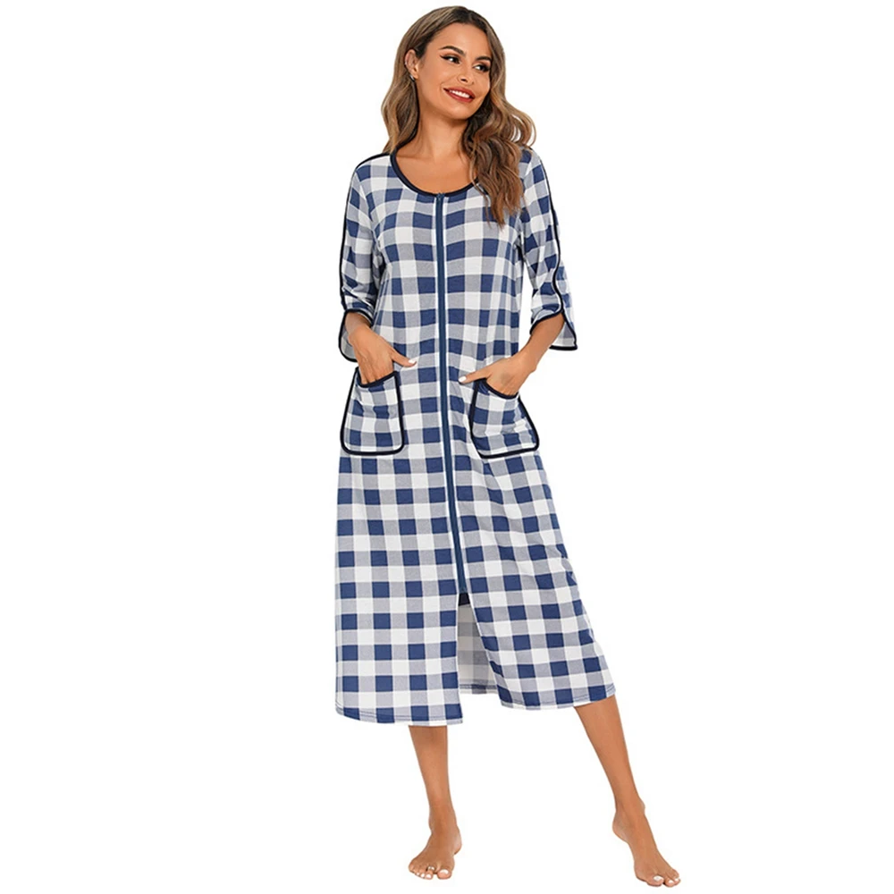 Women Autumn Plaid Zipper Front Robes Long Sleepwear Soft Nightgown Warm Loungewear Maternity Bathrobe Pajamas