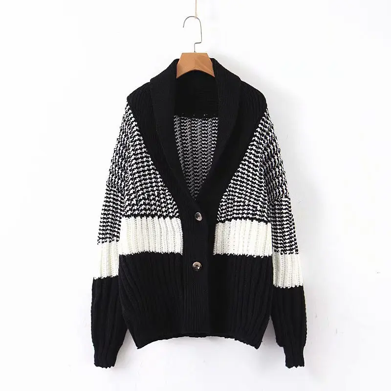

Women Clothes 2019 Autumn and Winter Clothes Women Black and White Contrast Color Cardigan Women Sweater Women Casaco Feminino