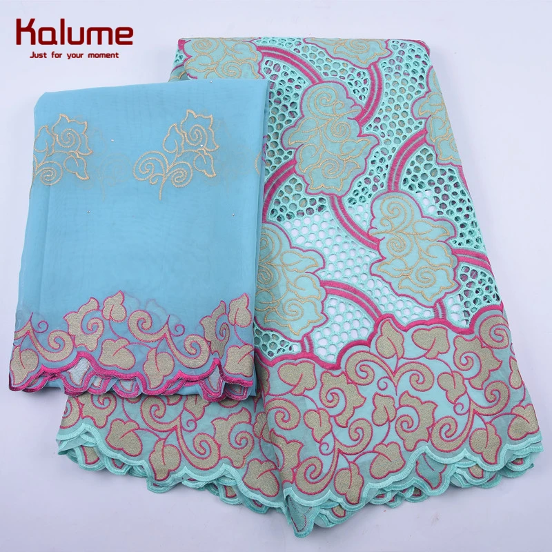 

Kalume New Arrival Headcloth Design African Swiss Cotton Lace Fabric Cyan 5+2 Yards Nigerian Hole Swiss Voile Lace Fabric 2117
