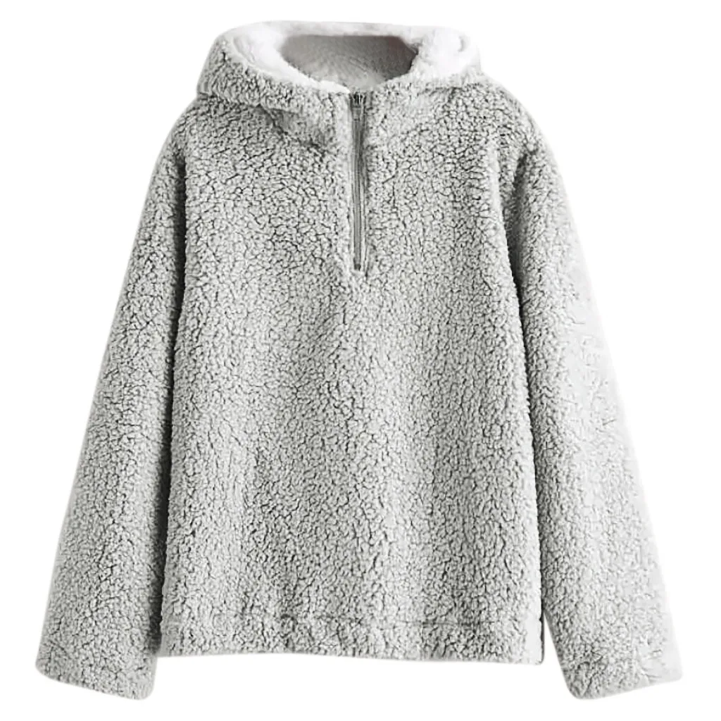  Grey Plush Sweatshirts Women Solid Teddy Hoodie Sweatshirt Winter Casual Pullovers Sweatshirts Trac